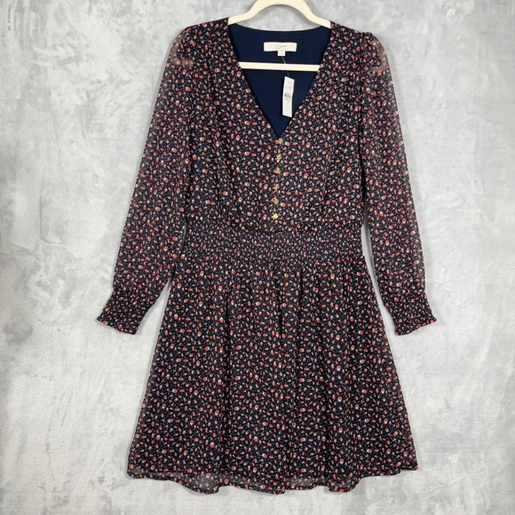 LOFT Dresses & Skirts - LOFT Women NEW Midi Dress M Navy Ladybug Print Smocked Chiffon V-Neck Career